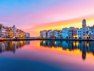 Obraz premium A historic European harbor at dusk, gothic rooftops reflecting in the calm waters under a pastel sunset sky