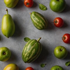 Composición artística de frutas y vegetales frescos como manzanas verdes, melones y papayas dispuestos sobre una superficie gris para proyectos gastronómicos