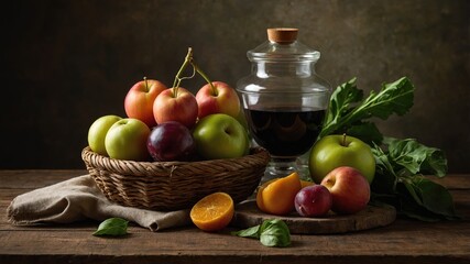 Bodegón rústico con frutas frescas como manzanas, duraznos y una naranja, acompañadas de un frasco de vidrio sobre superficie de madera © jesus
