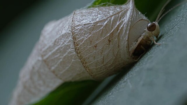 Close-up of a bagworm moth emerging from its protective casing, clinging to a vibrant green leaf, showcasing the delicate beauty of insect metamorphosis in a natural setting