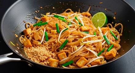 Close up of pad thai with tofu bean sprouts peanuts scallions and lime in a black wok pan dish