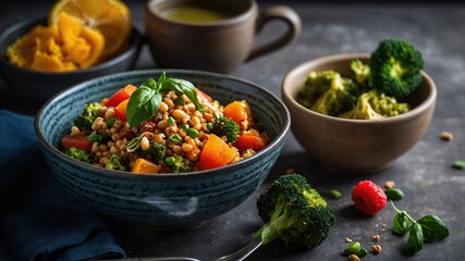 Mesa de madera rústica con frutas y vegetales frescos como melones, naranjas, rábanos y una botella de vidrio con líquido verde, en un entorno hogareño con iluminación cálida