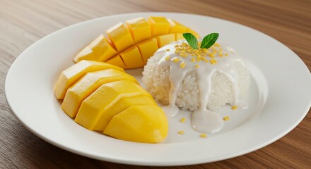 Mango sticky rice dessert on a white plate with coconut milk and mint garnish served beautifully