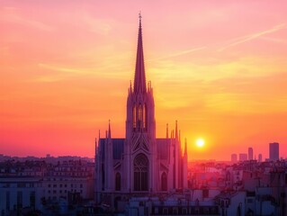 Obraz premium A grand cathedral s spires glowing under the setting sun, gothic rooftops reflecting warm amber tones