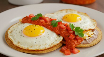 Two huevos rancheros on a white plate with red sauce tomatoes and cilantro garnish close up view