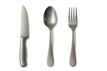 Elegant stainless steel cutlery set with knife, spoon, and fork on white background. Isolated illustration