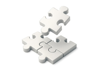 White puzzle pieces connecting together in midair on a white background. Isolated illustration