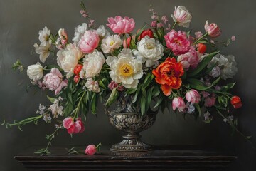 Fototapeta premium Bouquet of peonies, ranunculus, and tulips in a vintage vase