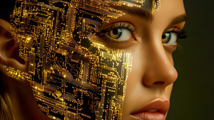 Close-up portrait of a woman with a gold and dark circuit board headpiece, blending technology with fashion in a futuristic look