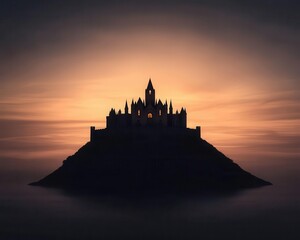 Obraz premium A gothic fortress silhouetted against a radiant sunset, standing proudly as night approaches