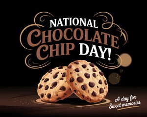 A cheerful, cartoon chocolate chip cookie with a happy expression is central to this image. Chocolate chip quote. National chocolate chip day.