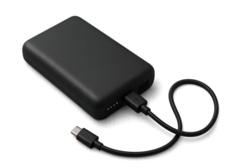 Black portable power bank with usb-c cable for fast charging and reliable convenience. Isolated illustration