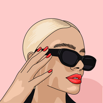 Fancy Lady Girl Blonde Woman with Sunglasses, Sleek Hair, Red Lips and Manicure in a Pink Background