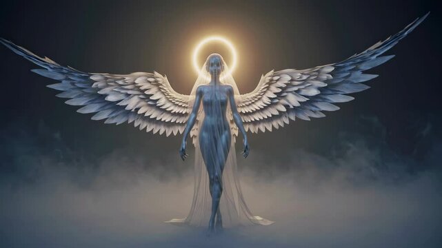 Emerging from a mystical fog, an angelic figure with outstretched wings and a radiant halo above its head creates a powerful, ethereal image filled with divine beauty and grace