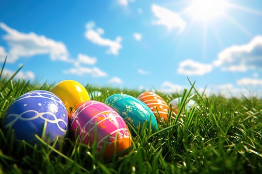 Easter colorful eggs on green grass under the blue sky 3D Rendering