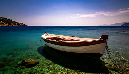 Naklejka premium Pequeño barco de madera blanco en una tranquila orilla del mar turquesa, exposición prolongada, fotografía hiperrealista,
