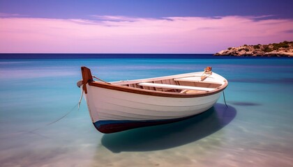 Naklejka premium Pequeño barco de madera blanco en una tranquila orilla del mar turquesa, exposición prolongada, fotografía hiperrealista,