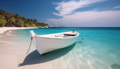 Fototapeta premium Pequeño barco de madera blanco en una tranquila orilla del mar turquesa, exposición prolongada, fotografía hiperrealista,
