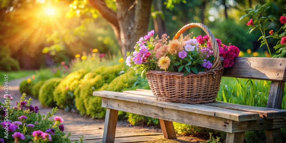 Aufkleber a wicker basket overflowing with a vibrant bouquet of summer flowers rests gently on a rustic wooden
