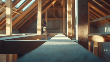 Attic Construction with Wooden Beams and Skylights