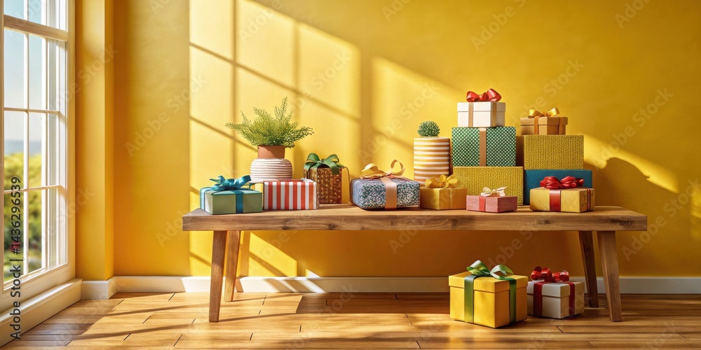 Poster sunlit wooden bench displaying a collection of wrapped gifts in vibrant colors and patterns