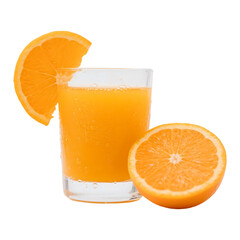 Freshly squeezed orange juice glass with orange slice healthy breakfast drink vitamin c citrus fruit beverage isolated on transparent background