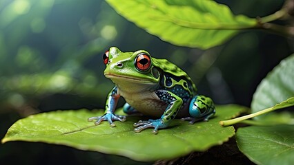 Obraz premium Green Tree Frog on Leaf – Nocturnal Amphibian Wildlife Close-Up