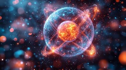 Vibrant atomic structure with glowing particles, symbolizing energy and innovation in science and technology, perfect for educational and tech-themed projects.