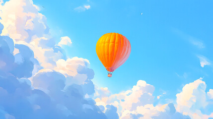 Obraz premium Orange hot air balloon soaring through a clear blue sky with puffy clouds, evoking a sense of adventure and freedom