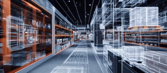 Futuristic warehouse visualization displaying a networked distribution center