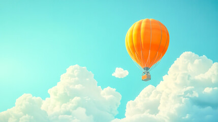 Naklejka premium Orange hot air balloon soaring through a clear blue sky with puffy clouds, evoking a sense of adventure and freedom