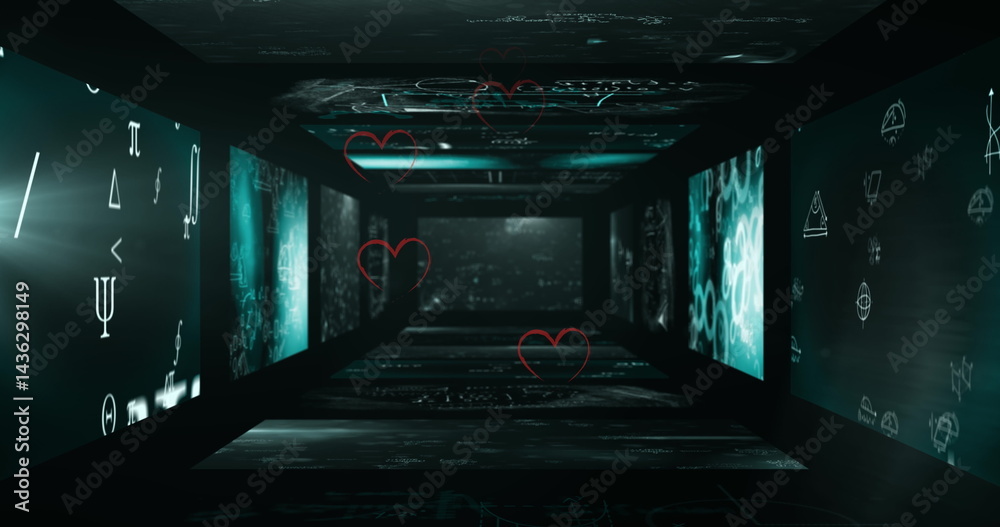 Poster multiple heart icons floating against multiple screens with data processing