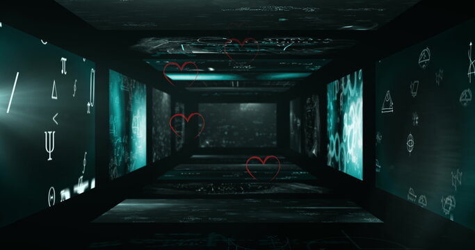 Multiple heart icons floating against multiple screens with data processing - Powered by Adobe