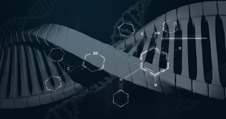 Image of chemical structures over dna strand spinning on black background