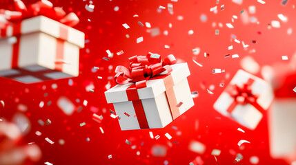 Red and white gift boxes falling with confetti, celebrating the festive mood of the holiday season