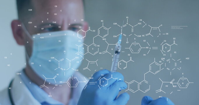 Image of chemical structures over caucasian male doctor with syringe and face mask