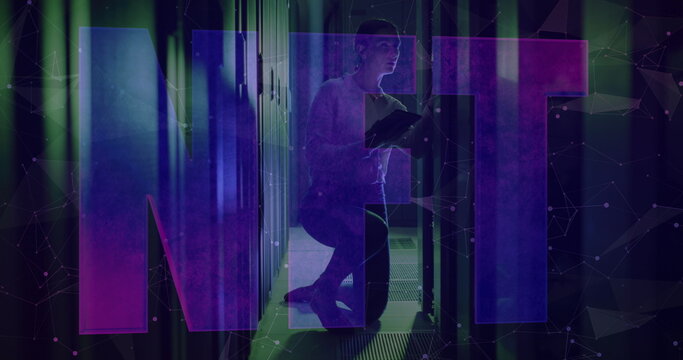 Image of nft text over caucasian female worker in server room