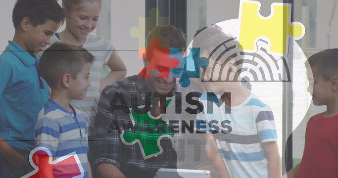 Image of colourful puzzle pieces and autism text over kids and man using electronic devices - Powered by Adobe