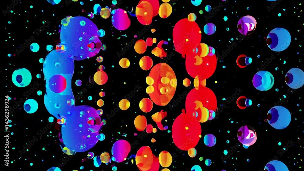 Poster colorful bubbles floating and overlapping against a deep black background, reflecting light and crea