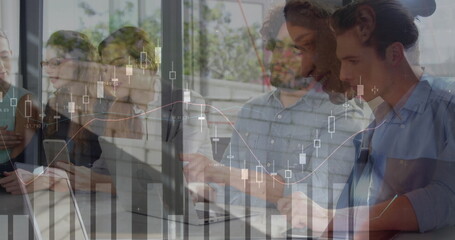 Image of financial data processing over diverse business people using laptop