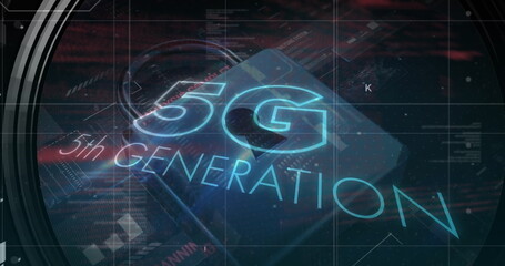 Image of 5g text, data processing, online security padlock and circuit board