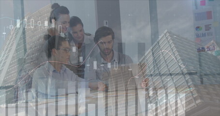 Image of financial data processing over diverse business people using laptop