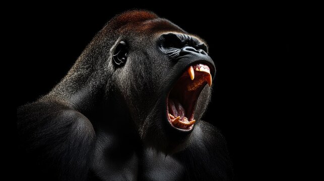 Close-up of a gorilla roaring, isolated on black background.