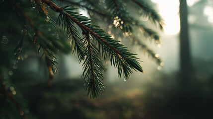 Obraz premium Serene Dew Kissed Pine Branch in Misty Forest Sunlight Soft Focus Green Tones
