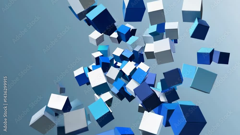 Poster floating and rotating blue and white cubes create a captivating and dynamic abstract composition in 