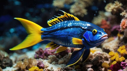 Obraz premium Blue Tang Fish Swimming in Coral Reef Underwater Scene