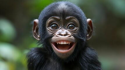 Close-up portrait of a happy baby chimpanzee with big eyes and open mouth showing teeth.