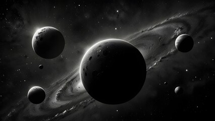 Naklejka premium Dramatic and surreal galaxy scenery in pure black and white. Uniquely shaped planets float in the dark cosmos, surrounded by shining white stars and soft gray nebulae.