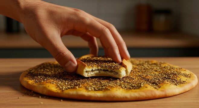 Close up of a hand picking up a piece of manouche with zaatar on a wooden surface in a kitchen
