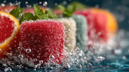 Colorful fruit-infused frozen treats in water splashes